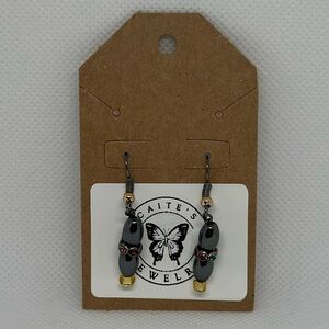 Handmade Gunmetal Fishhook Earrings with Hematite & Multi-Color Rhinestone Beads